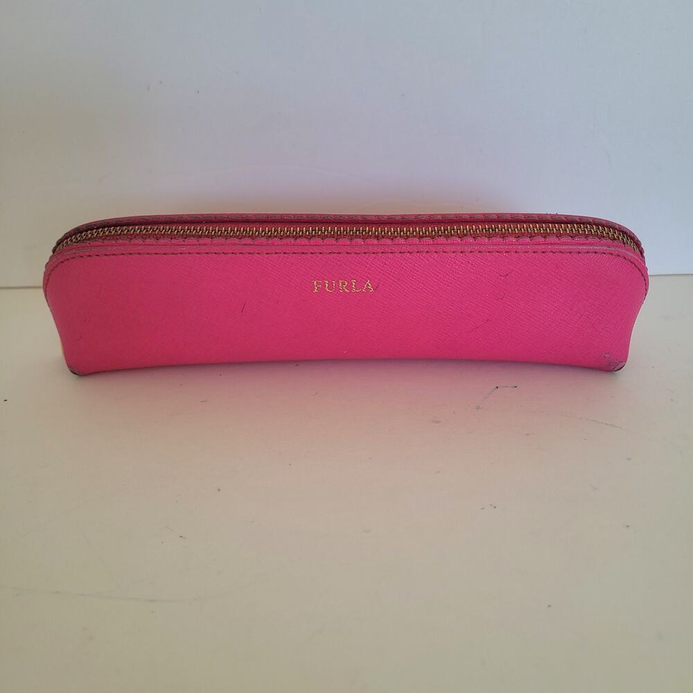 Furla‎ Women's Pink Saffiano Leather Pencil Case Cosmetic Pouch Zipper Closure